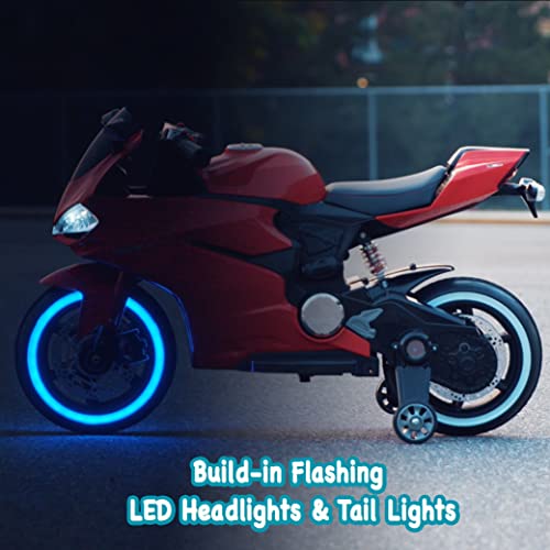FRP 12V Kids Motorcycle Ride On Toys Kid Motorcycle Speed Up to 4 Mph, ASTM Approved Electric Ride On Motorcycle, LED Wheels and Training Wheels, Support Up to 66 lbs