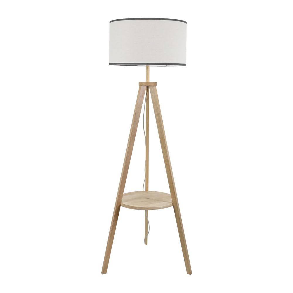 Valuelights Unisex Black Morrigan Natural Wood Tripod Floor Lamp And Linen Trim Shade And Bulb In