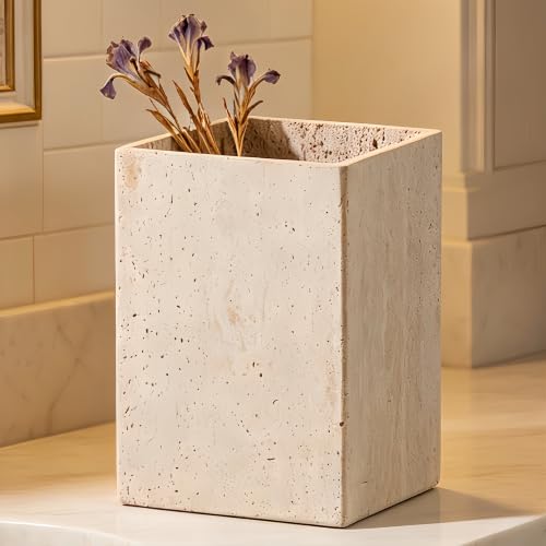 Natural Travertine Rectangular Trash Can, Stone Wastebasket for Bathroom