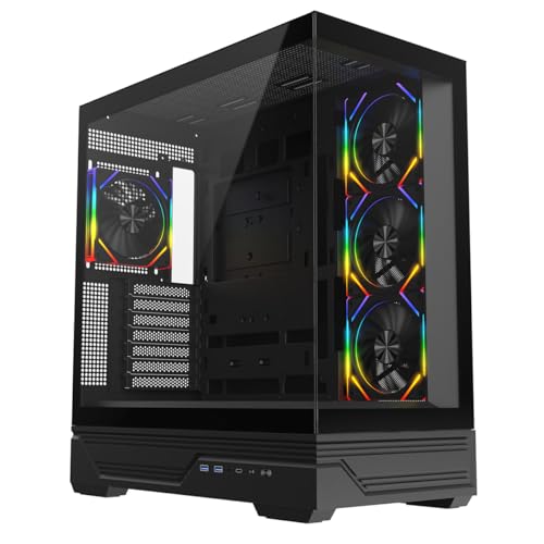 CiT Destiny Mid-Tower ATX Gaming PC Case – Panoramic Tempered Glass - 4x Infinity ARGB Fans and 6-Port ARGB Fan Hub included - AIO Support - USB Type-C, USB 3.0 - HD Audio/Mic | Black