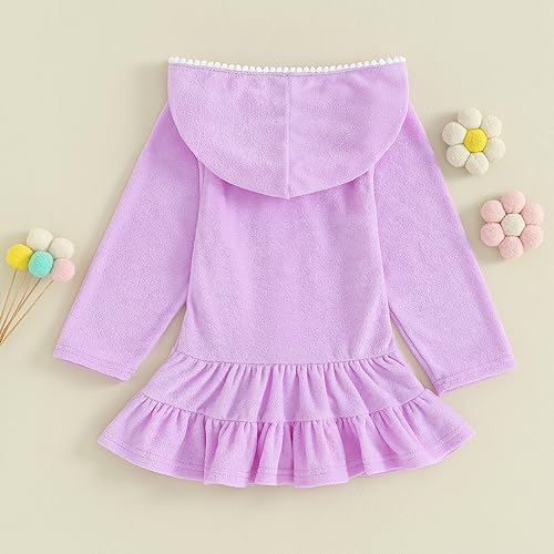 Image of Girls Terry Cloth Swim Cover Up Zip Up Hooded Bathing Suit Coverup Wraps Rufled Kids Pool Beach Robe Cover-Up Dress