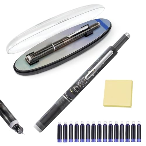 Retractable Fountain Pen, Fountain Pen Retractable:0.38mm Blue&Black Ink Transparent Barrel Includes 15 Refillable Ink Cartridges, for Smooth Writing No Leaking (Black, Black)
