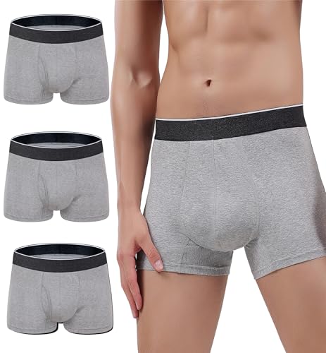 AIRCUTE Men Urine Incontinence Underwear Fly Front Opening Absorbent Leak Proof Boxer Brief for leaks Dribbles 3 Pack(Medium, 3 Gray)