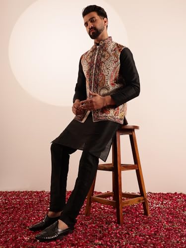 Image of SOJANYA Men's Silk Blend Black Kurta and Pyjama With Paisley Design Velvet Nehru Jacket