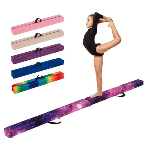 COSTWAY Trave Ginnastica Artistica per Casa 210/240 cm, Trave Pieghevole per Bambini con Maniglia, Base in Legno e Fondo Antiscivolo, Trave di Equilibrio da Pavimento (Viola e Rosa, 240 cm)