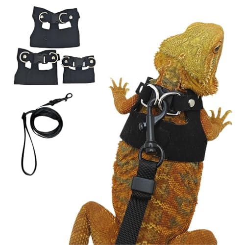 3 Pack Bearded Dragon Harness and Leash Set - Adjustable Soft Leather Lizard Harness Leash Small Animal Traction Rope Training Walking Vest Accessories for Reptile Squirrel Rat (Black)