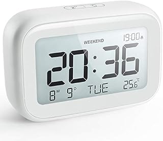 NOKLEAD Digital Alarm Clock for Bedroom Travel Office - Modern Minimalist Style with LCD Display Volume Adjustable Snooze 12/24Hr and Weekend Mode, Easy Setting, 2 AAA Battery Operated (White)