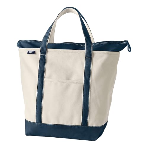 Lands End - Natural Zip Top Canvas Tote Bag - 100% Cotton Navy Canvas Bag - M - With Water Repellent Base and Trim - Internal and External Pockets & 500lb Capacity - Gym Uni and Travel Essentials