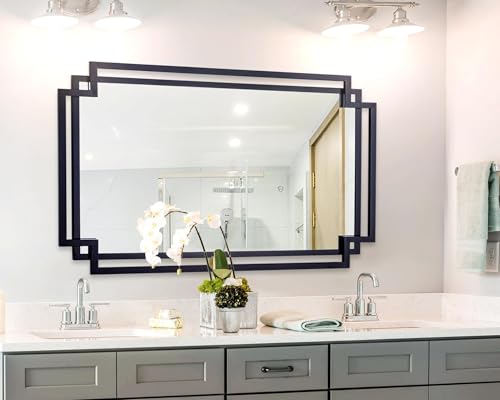 Image of 32 inch x 47 inch Large Wall Mirror for Living Room Decor, Black Decorative Mirror with Irregular and Rectangular Metal Frame, Horizontal /Vertical Hanging Mirror for Bathroom, Entrance