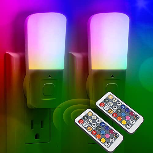 Image of LOHAS Kids LED Night Lights Plug in, RGB Color Changing Plug into Wall Lights Remote, Rainbow Dimmable Girls Night Light Switch, Christmas Home Decor, for Kids Room, Bedroom, Hallway, Bathroom, 2 Pack