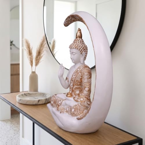 Image of Antique Big Meditating Moon Buddha Statue Showpiece for Home Decor - Living Room - House Warming - Office - Gifting - Buddha Idol Polyresin Decorative Figurine (9 Inch / 23 cm, White, Gold)