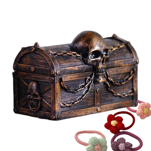 Treasure Box - de almacenamiento portátil para tesoros, cofre de tesoros piratas, joyero de resina con calavera y cadenas, de almacenamiento para recuerdos de piratas, Halloween