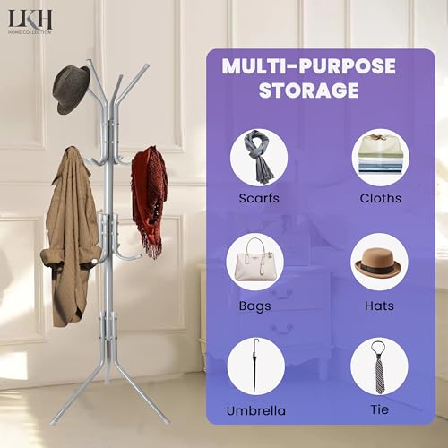 LKH Coat Rack Stand 175cm Steel Hat Stand Coat Stands with Multiple Hooks – Clothes Hanger for Jackets, Hats, Scarves, Bags & Umbrellas Space Saving Design Non-Slip Feet- White - Image 3
