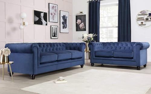 Image of A to Z Furniture Classic 3+2=5 Seater Luxury Chesterfield Sofa in Velvet for Home Living Room & Office (Blue, 5- to 6-Person Sofa)
