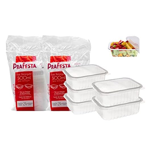 Kit Com 2 Potes Descartáveis, Prafesta 500 ml Retangular Com Tampa, Pacote 48 Unidades