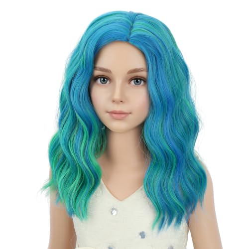 Image of PATTNIUM Blue Mixed Green Wigs for Kids Girls Short Curly Wavy Wigs Side Part Shoulder Length Heat Resistant Synthetic Wig Halloween Cosplay Costume Party Wigs