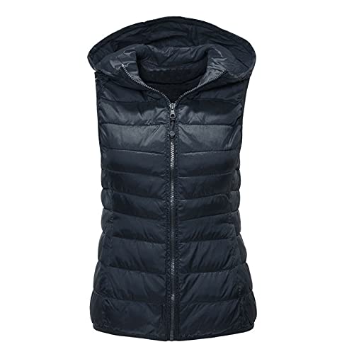HHMY Steppweste Damen - Leichte Puffer Weste Jacke Einfarbige Gesteppt Weste Bodywarmer Frühjahr Herbst Winter Übergangsweste Outdoor Winterweste Gilet Jacke Kapuzen Ärmellose, Marine, L