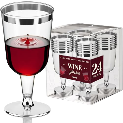 DecorRack 24 Plastic Wine Glasses, 6 oz, BPA-Free Stackable, Silver