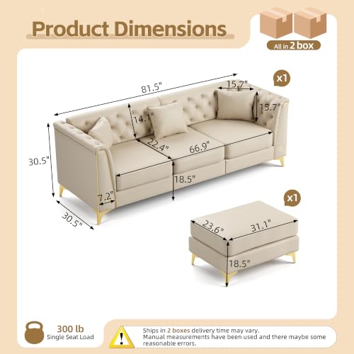 Image of KEIKI 82 inch Faux Leather Chesterfield Sofa with Handmade Button Tufted, Beige | Luxury Modern 3-Seater Couch with Metal Trim Armrests & High Resilience Cushion & 1 Ottoman & 3 Pillow, for Living Room