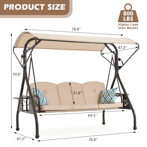 Image of ZZW 800LBS Patio Swing with Canopy 3 Seat Outdoor Porch Swing with Stand w /Cup Holder & Pillow Glider Chair Swing Bed for Patio Backyard Poolside (Khaki)