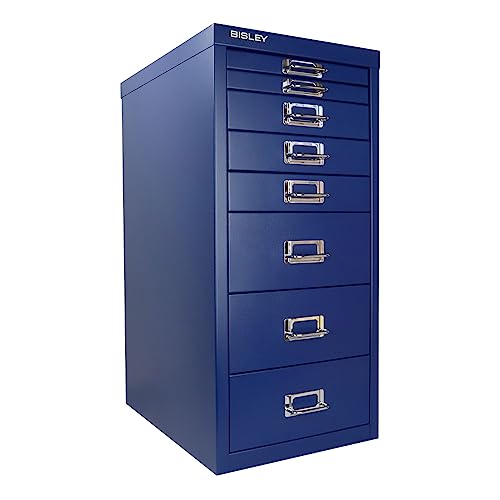 Bisley 8-Drawer Steel MultiDrawer Cabinet - Oxford Blue, Chrome Pull Handles with Label Holders, Powder-Coated Steel, Removable Drawers, Fits Under Most Desks, Labels Included