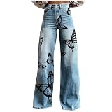 Women's High Waisted Wide Leg Jeans Flower Printed Straight Leg Baggy Jeans High Rise Loose Boyfriend Denim Pants 2025 Trendy
