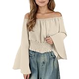 Einfarbiges lässiges One-Shoulder-Top für Mädchen mit Rundhalsausschnitt aus weicher Baumwollmischung, ideal für den Alltag und besondere Anlässe, in verschiedenen Größen erhältlich (Beige, 9 Years)