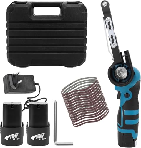 WODHMIEY Lijadora de banda de batería, 16,8 V, 1,5 Ah, con 15 bandas de lijado para metal, madera y curvas, potente motor, 7000 rev/min, duración de funcionamiento 1 hora