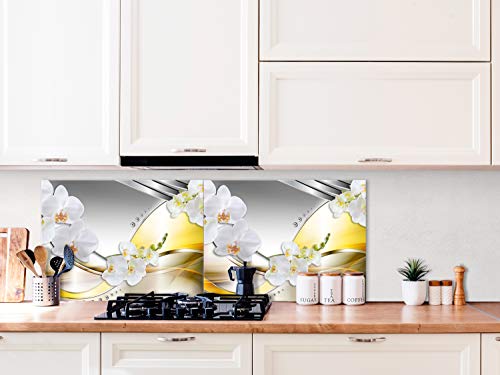 Artgeist Tempered Glass Backsplash For Kitchen Splashback Printed Toughened Glass Cooker Protector Heat Resistant Decorative Wall Panel 31X24 Inches - Abstract Orchid Flowers - B-C-0636-Aq-E #TOP6