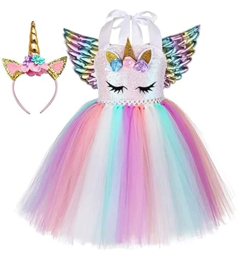 Rabtero Ropa de unicornio infantil, vestido de lujo princesa unicornio infantil, falda corta de ballet unicornio rosa, cinturón de cabeza y alas de niña 6-7 años