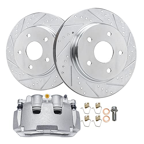 Image of Detroit Axle - Front Brake Kit for 2009-2018 Ram 1500, 2019-2022 | Ram 1500 Classic Drilled & Slotted Brake Rotors Disc Brakes Caliper w /Bracket Replacement