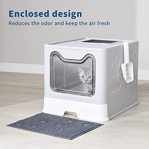 Medario Cat Litter Box, Large Foldable Front Entry Top Exit Litter Box With Lid For Cats, Cat Potty With Cat Litter Scoop And Cat Litter Mat Easy Clean (Grey) #TOP6