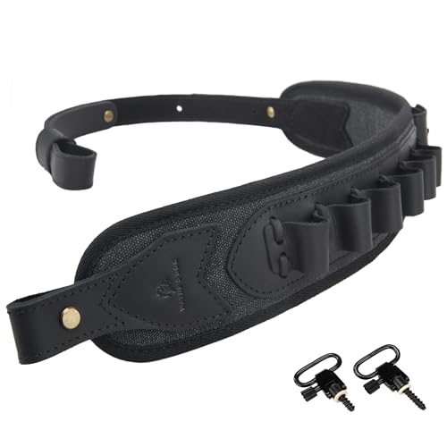 WAYNE'S DOG Canvas Leather Rifle Shell Holder Sling for 30-30 for .30-06 .30-30 .45-70 .308cal 12GA (Black with Swivels, 12 Gauge)