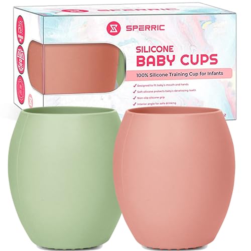 Image of Silicone Baby Cup - Toddler Training Cup - Open Cup for Baby Led Weaning 2 Pack of No Spill Sippy Baby Cups - Soft & Gentle on Gums BPA Free Silicone Baby Cups(Rose Quartz/Lite Green)