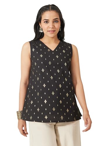 Tunique noire femme Janasya en lin et coton imprimé ethnique coupe A-line