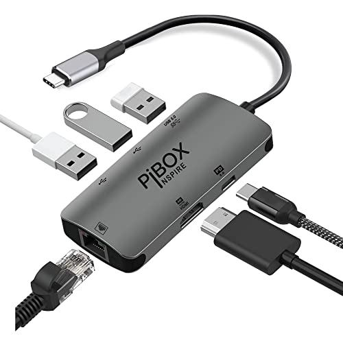 Image of USB C Hub Dock - PiBOX India 6 in 1 Aluminum Type C Adapter with HDCP Support 4K HDMI Port, Ethernet 100mbps RJ45 Port, USB 3.0 Port, USB-C Power Delivery, for Thunderbolt Devices