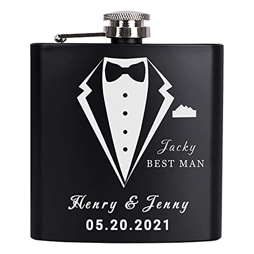 Personalized Flask Custom Flask Engraved for Men Groomsmen Best Man,Black Flask Customized Gift Wedding Favor - 6 to 8 oz,Set of 1
