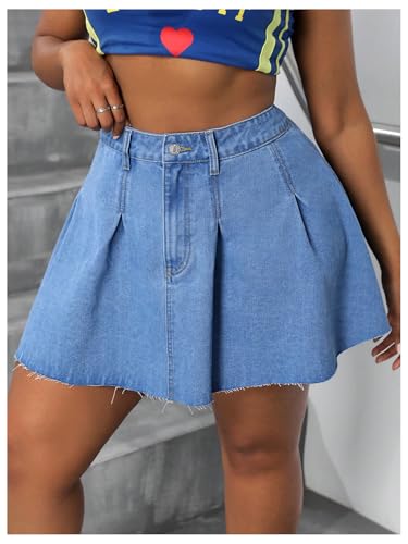 MakeMeChic Women's Plus Size Jean Skirt Pleated Y2k High Waisted Denim Pleated Mini Skirts4