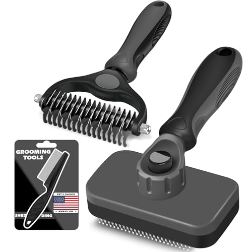 3PCS Self Cleaning Slicker Brush & Pet Grooming Rake & Flea Comb for Dogs,Cats and Horses | Double-Sided Dematting Comb & Skin Friendly Deshedding Grooming Tool | Premium Pet Supplies（Gray Black)