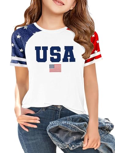 Image of CAZYCHILD Girls 4th of July USA Shirt American Flag Patriotic T-Shirt Independence Day Outfit for Kids 5-14Years