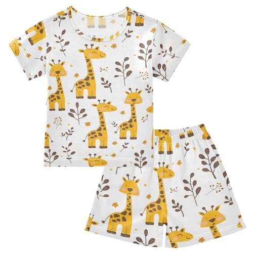 ALAZA Giraffe Cartoon Leaves Pajamas Short Sleeve 2 Piece Sleepwear Top and Bottom Pajama Set Unisex