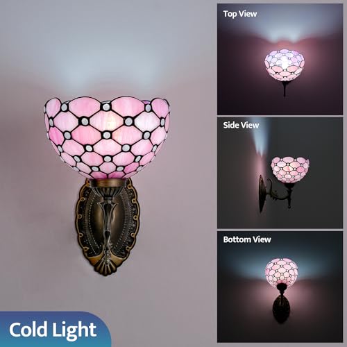 Image of Tiffany Wall Sconce Hand-Weld Stained Glass Bedside Lamp with Classic 8 Inches Lampshade for Bedroom Hallway Living Room Home Office (Pink)