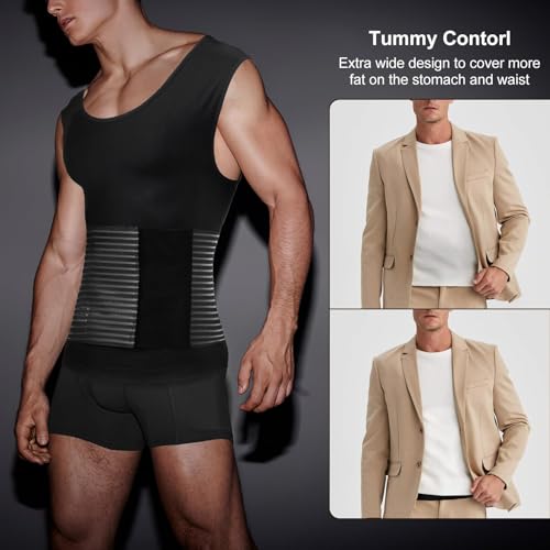 Odoland Men Body Shaper Compression Shirt, Adjustable Velcro Waist Trimmer Belt Intensity, Slimming Shapewear Tummy Control4