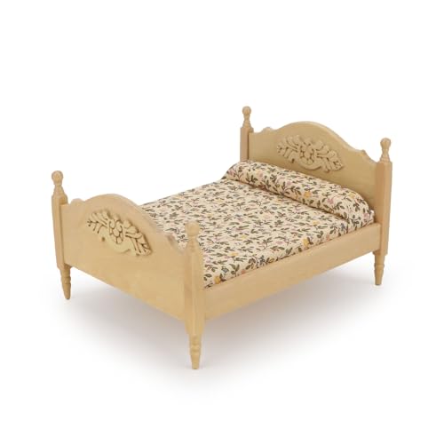 Miniature Furniture Dollhouse Wooden Fabric Bed with Mattress & Pillow 1 12 Scale Furniture Dollhouse Decoration Accessories (Wood)