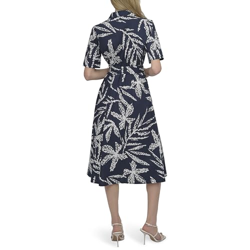Image of DKNY Women's Short Sleeve Cotton Poplin Collared Midi Shirtdress