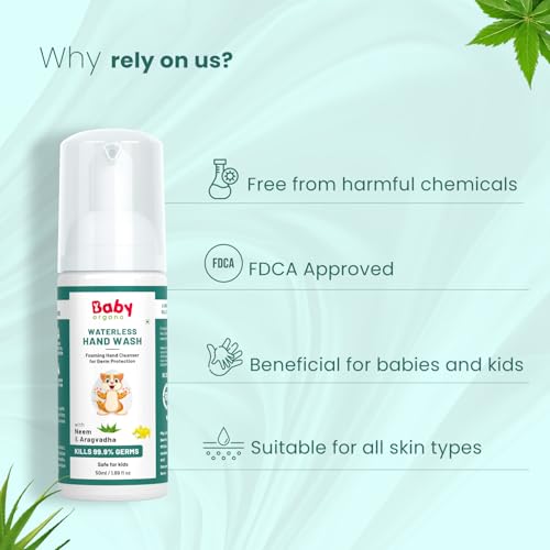 Image of BabyOrgano Waterless Foaming Hand Wash for Kids 0+ Years | Kills 99.9% Germs | No Rinse Needed | Neem, Tulsi & Aloe Vera | Alcohol Free | Paraben Free | FDCA Approved | 50ml (Pack of 2)