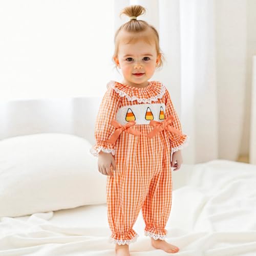 Newborn Baby Girl Halloween Outfit Pumpkin Pie Embroideried Romper Plaid Lace Trim Crewneck Long Sleeve Jumpsuit3