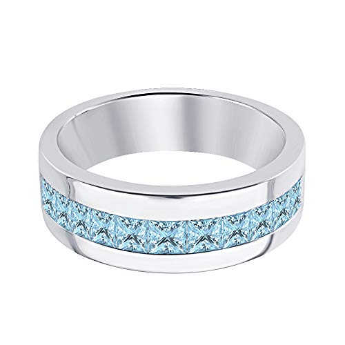 Gold & Diamonds Jewellery 14K White Gold Over .925 Sterling Silver Princess Cut Aquamarine Mens Wedding Band Ring2