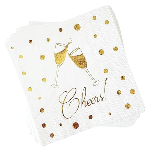 ST&JT Cheers Cocktail Napkins 3-Ply - Elegant Wedding Cocktail Napkins for Bar & Engagement Napkins for Party, Beverages, Drinks - Perfect White and Gold Cocktail Napkins for Festival and Events (50)