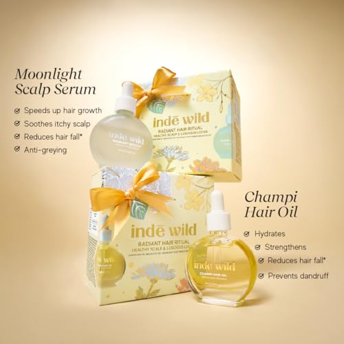 Image of indē wild Radiant Hair Ritual Giftbox | Champi Hair Oil mini + Moonlight Growth Hair Serum Mini | Hair Fall, Boost Density, Soothe the Scalp, Strengthen Hair, Deeply Condition | Travel Size Minis